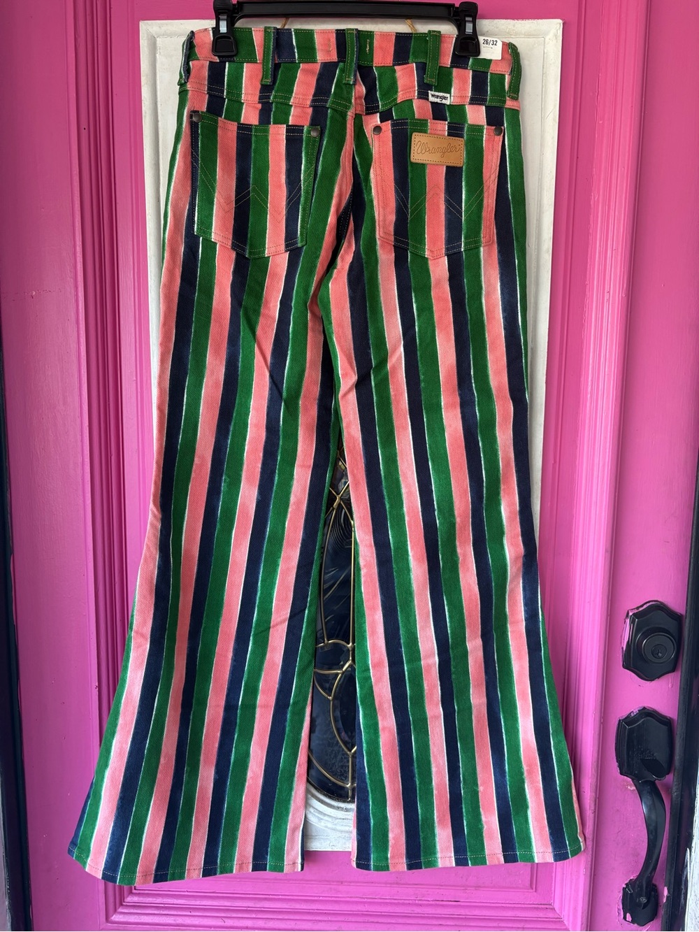 Wrangler Wanderer Striped Flare Pants in Green, Pink & Navy - Picture 10 of 14